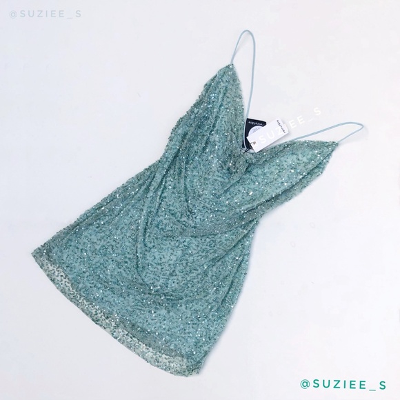 Retrofete Mich Sequin Beaded Embellished Green Cowl Neck Mini Dress XL NWT - Picture 15 of 16